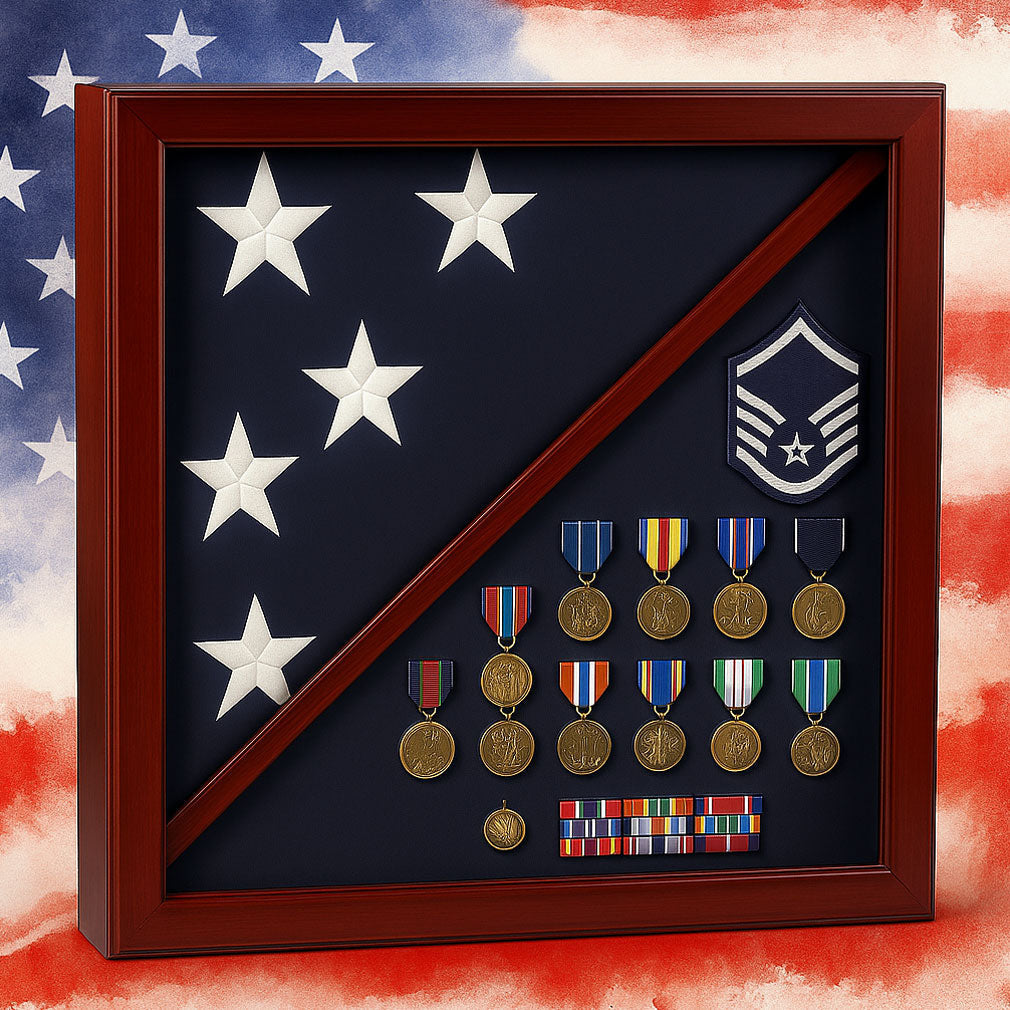 Cherry Flag and Medal Display Case – Premium Wood Elegance, American Pride