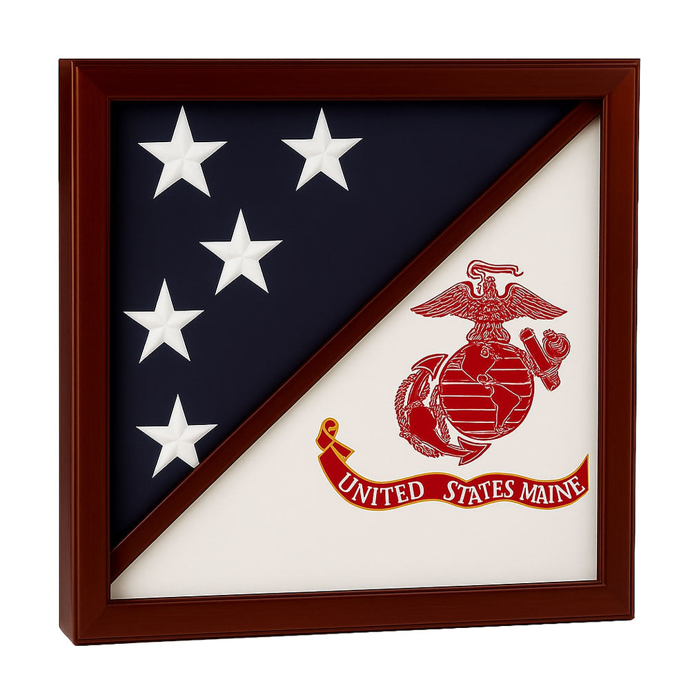2 Flags Display Case Marine Corps and American, Marine Corps and American Flag Display Case, Dual Flag Display Case USMC, USMC Flag and American Flag Case, Marine Corps Military Flag Display Case, Two Flag Display Case for Marine Veteran, Marine Flag and USA Flag Display Case, USMC and American Flag Shadow Box