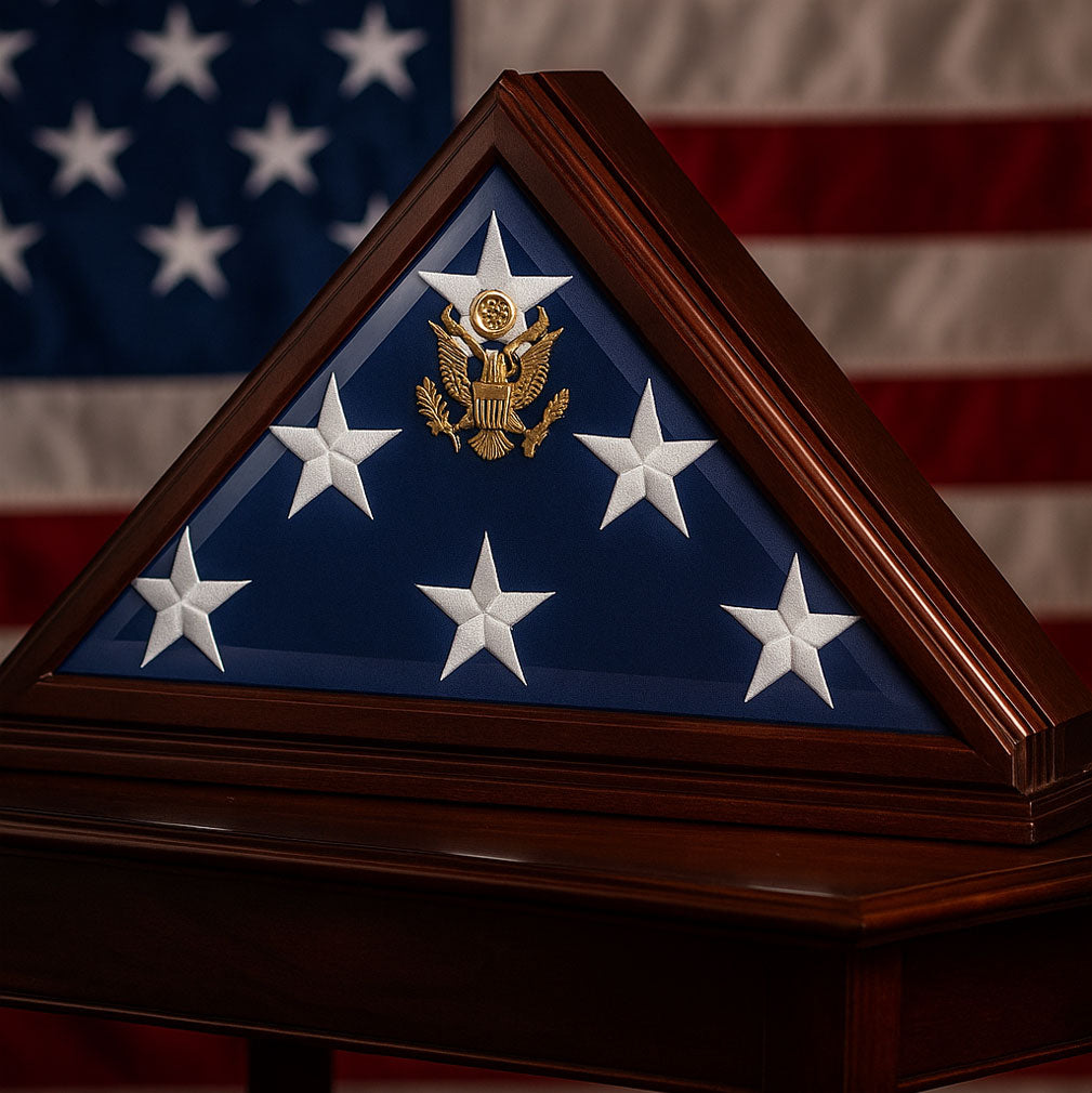 American Burial Flag Box, American Flag Display Case, Burial Flag Display Case, Military Burial Flag Box, Veteran Flag Display Case, Flag Box for Burial Flag, American Flag Shadow Box, Military funeral flag case, American flag box for veterans, Memorial flag case made in USA, Triangular flag display case for folded flag, Patriotic flag display shadow box, Keepsake flag box for fallen heroes, Wall-mountable burial flag display frame