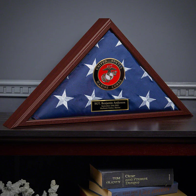 Custom cherry flag case, US Marine Corps flag display case, Marine Corps gift flag box, Veteran flag shadow box, Cherry wood military flag case