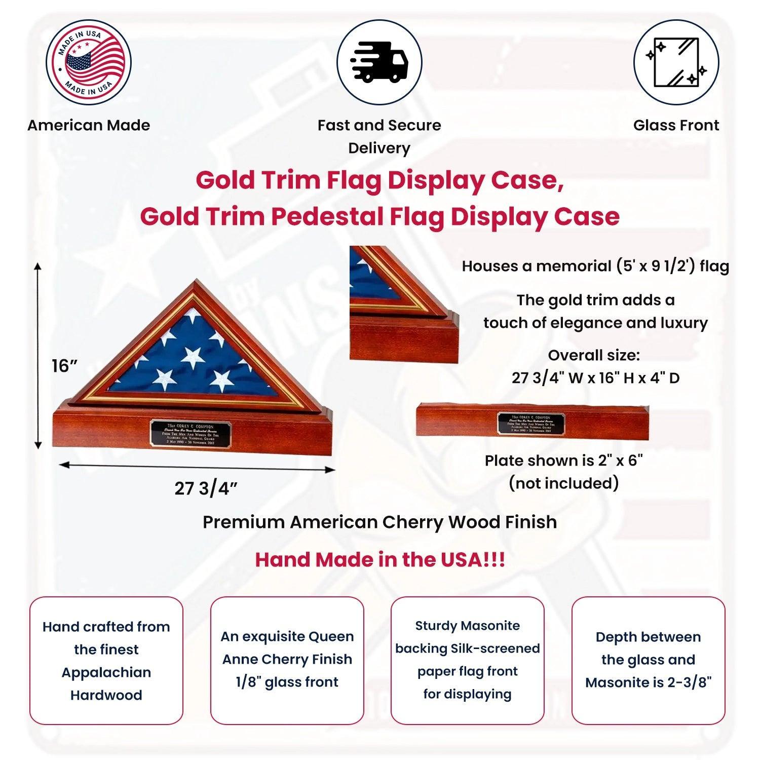 Flag and Pedestal Display Case, Gold Trim Flag Display Case, Gold Trim Flag and Pedestal Display Case Flag and Pedestal Display Case, Gold Trim Flag Display Case