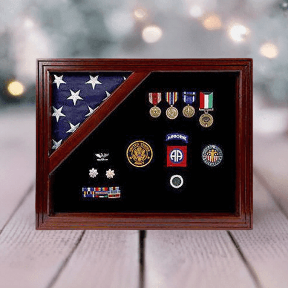 American Corner Flag And Medal Display Case, Cherry Wood Case
