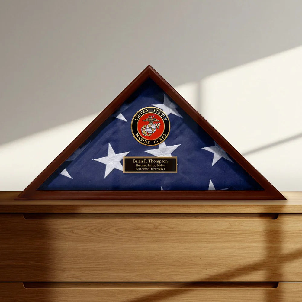 Custom cherry flag case, US Marine Corps flag display case, Marine Corps gift flag box, Veteran flag shadow box, Cherry wood military flag case