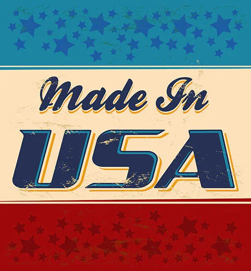 Vintage-style 'Made in USA' sign with stars on a red, white, and blue background.