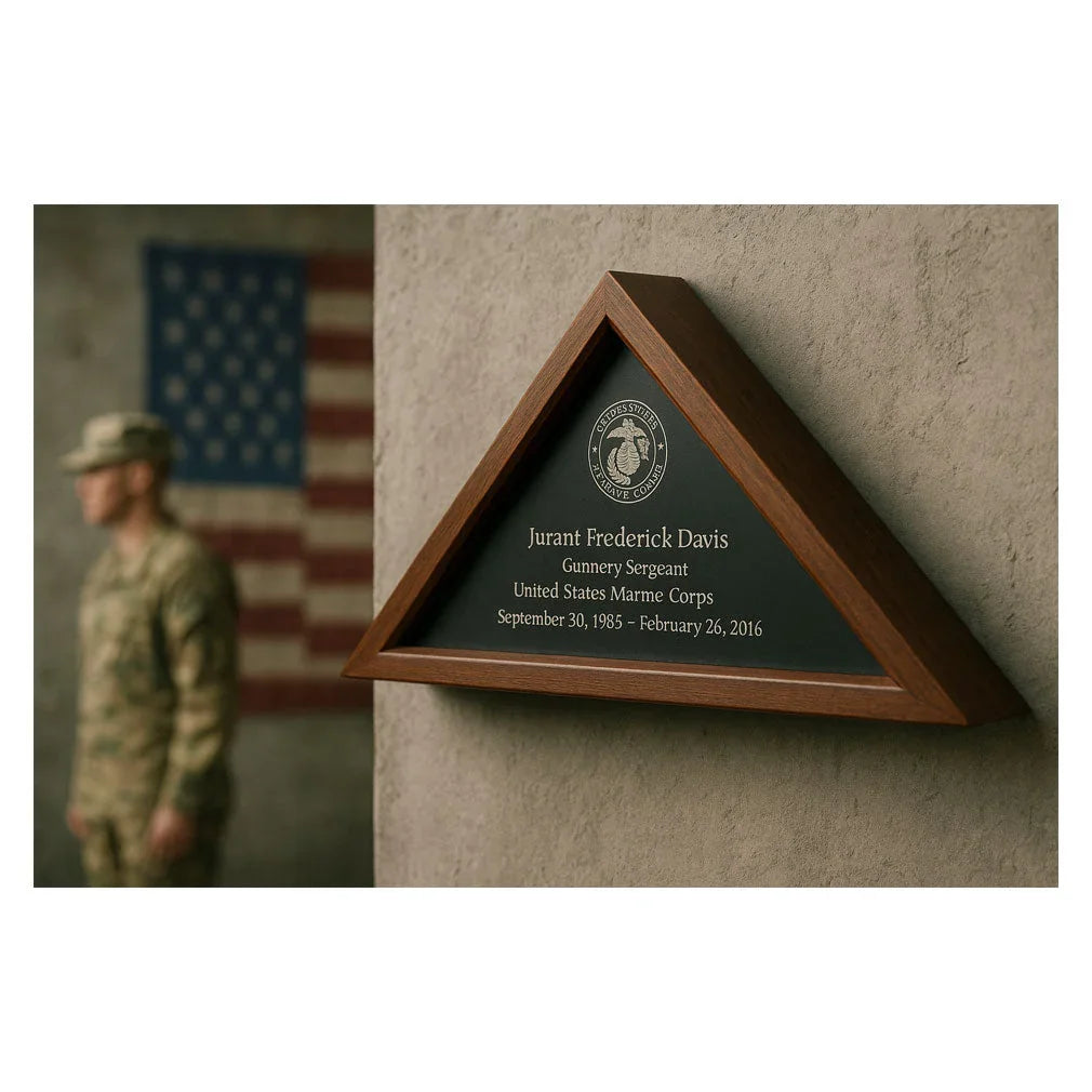 engraved flag display case, personalized flag case, engraved military flag box, custom flag display, veteran memorial flag case, engraved burial flag case, flag case with nameplate, engraved shadow box
