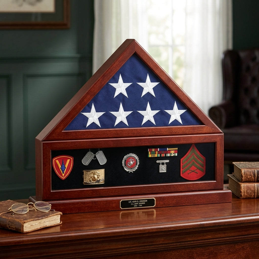 combination flag display case shadow box, flag and medal display case