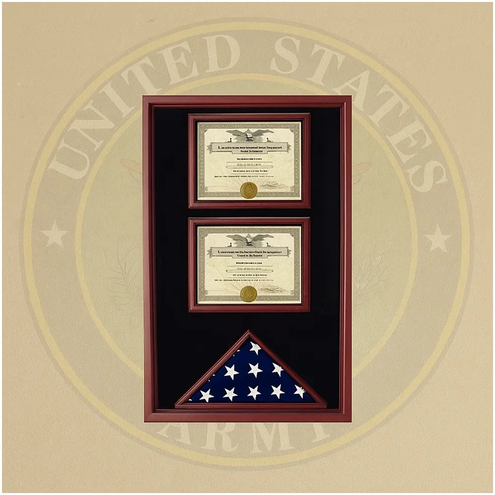 2 certificates flag display case, Flag and certificate display case, Dual certificate flag display box, Military flag and document display case, Veteran flag and certificate shadow box, Wooden flag display case with two certificate holders, Handcrafted military flag and 2 document display box, Flag and dual certificate shadow box for veterans, Elegant flag and document display case made in USA, Presentation flag display case with two certificates