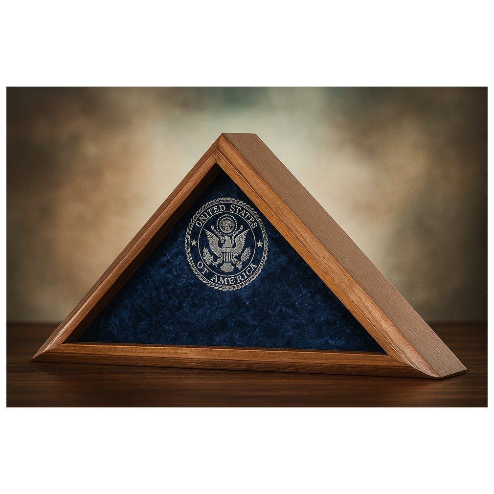 Triangular wooden display case with blue interior and U.S. seal emblem on a blurred background