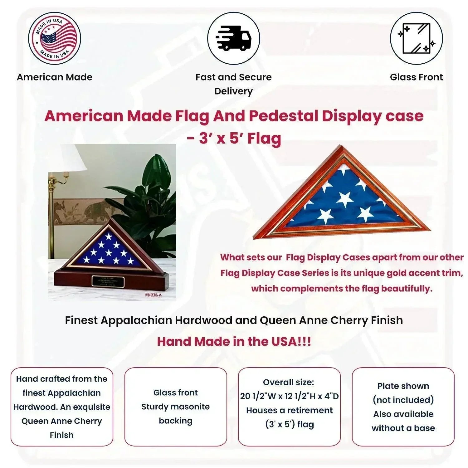 American Flag with Pedestal Display Case, Flag Display Case