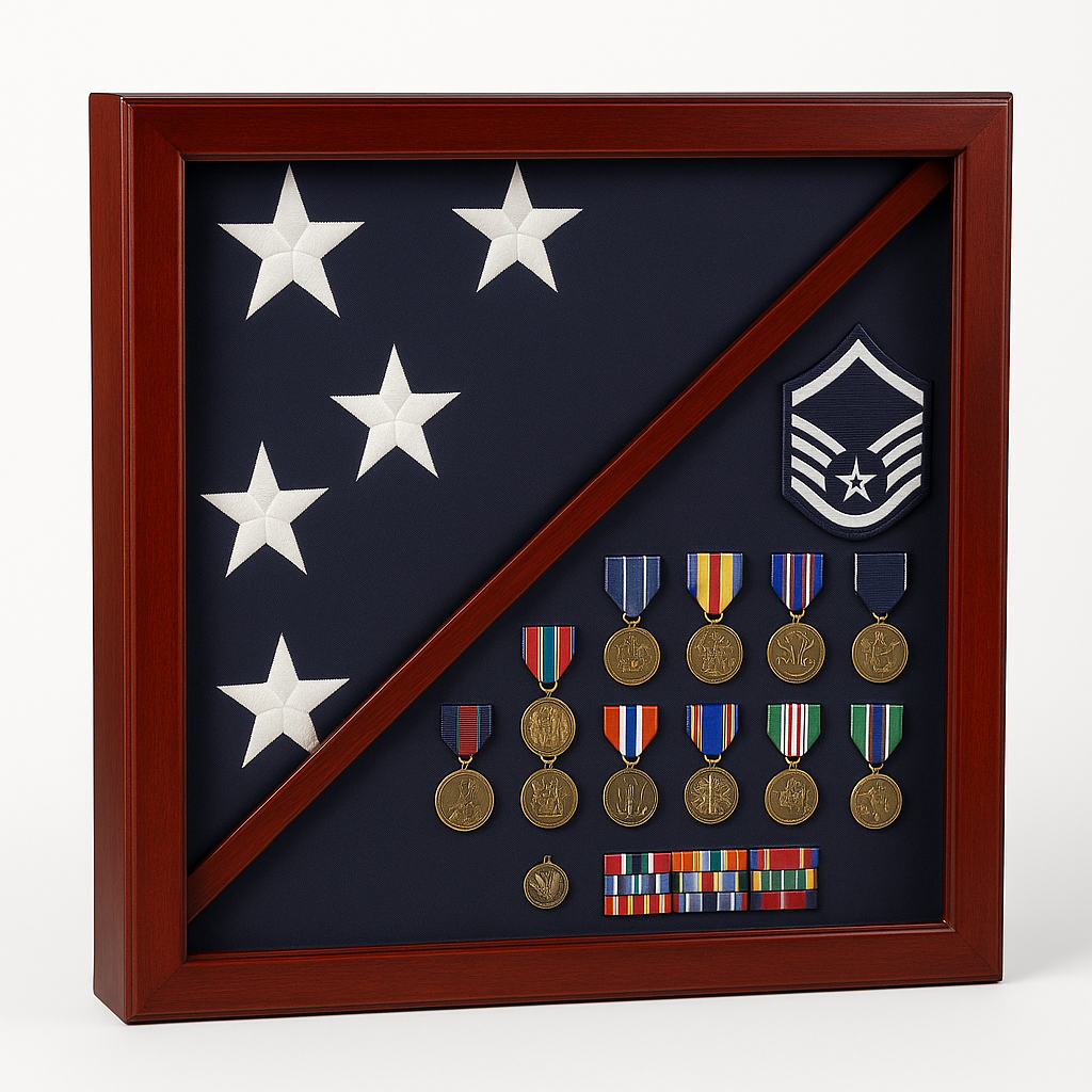 Cherry Flag and Medal Display Case Premium Wood 