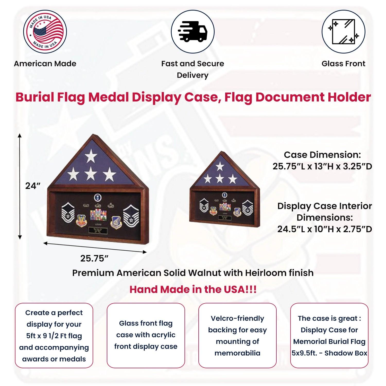 Burial Flag Medal Display case, Ceremonial Flag display