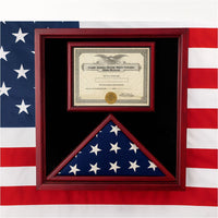 Flag display case with certificate holder, Flag and certificate display case, Certificate and flag shadow box, Military flag and document case, Flag case with document holder, American flag and certificate display case, Solid wood flag and certificate holder, Flag shadow box with document mount, Memorial flag and certificate display case, Flag case with award and certificate section, Flag display case with 8.5 x 11 certificate frame, Military flag and certificate presentation case, Burial flag case with cer