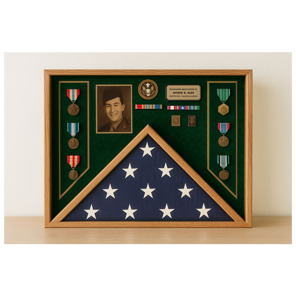 Deluxe combo awards flag display case, Flag and awards display case, Military awards and flag shadow box, Combo flag display case with medals, Veteran award and flag display box