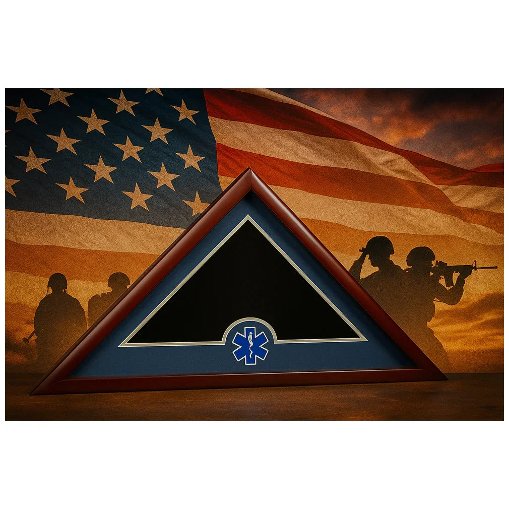 Framed picture with a star of life symbol against an American flag background