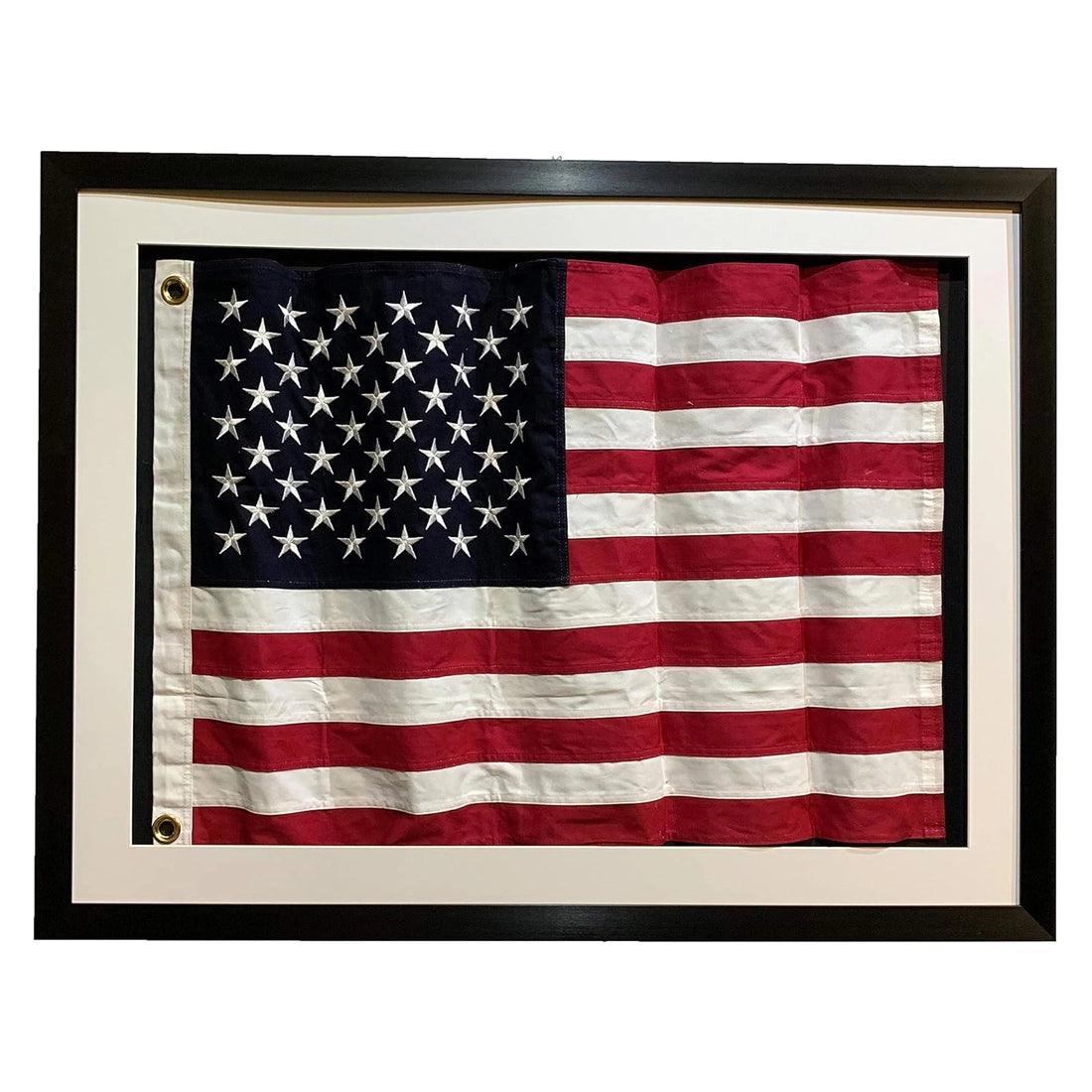 Framed Real Cloth Cotton Embroidered American Flag, USA Flag in Shadow Box Modern Frame, Wall Art, Décor 