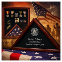 Memorial display for Gregory A. Lewis with military medals, flag, and American soldiers silhouette.