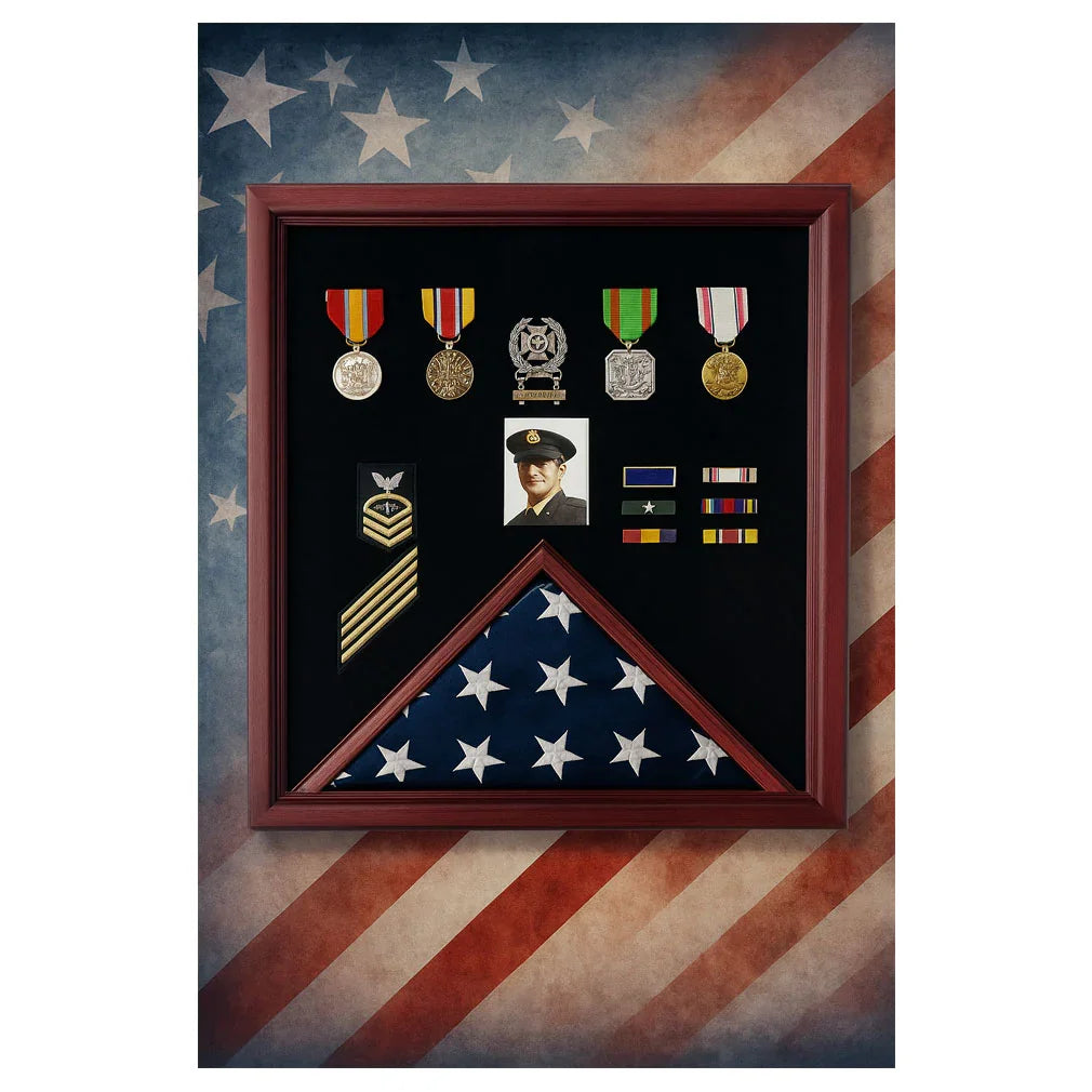 Flag Photo and Badge Display Case for Veterans 