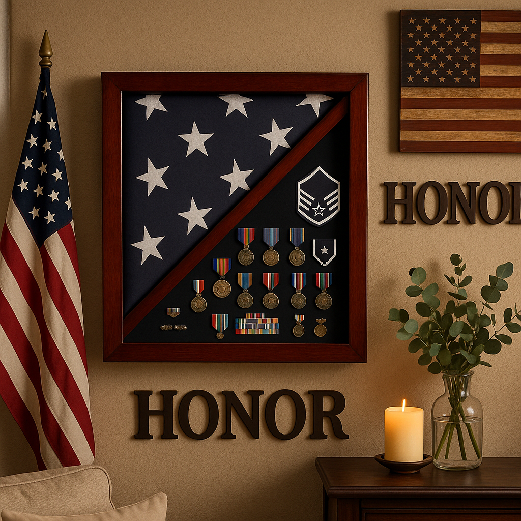 Cherry Flag and Medal Display Case Premium Wood 
