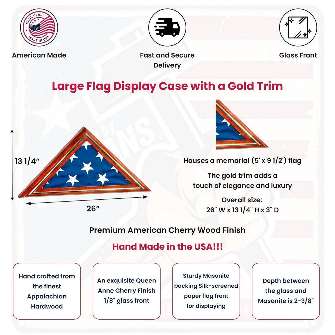Large Flag Display case with a Gold Trim Flag and Pedestal Display Case, Gold Trim Flag Display Case