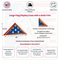 Large Flag Display case with a Gold Trim Flag and Pedestal Display Case, Gold Trim Flag Display Case