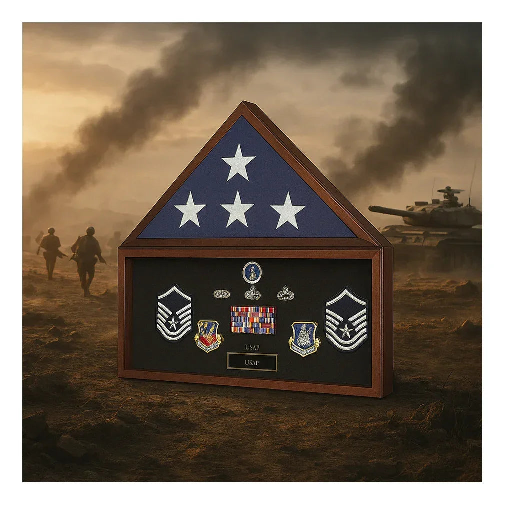 Large Military Flag and Medals Display Case in Cherry