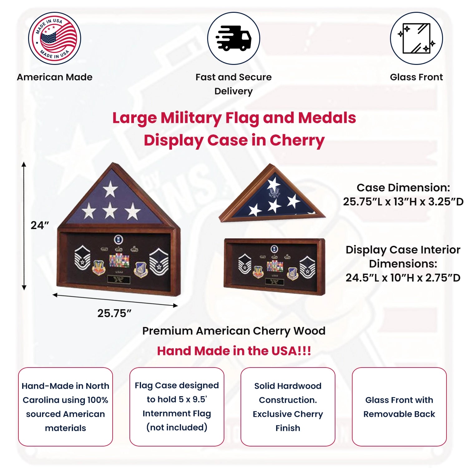 Large Flag and Military Medals Display Case - Wall Mount