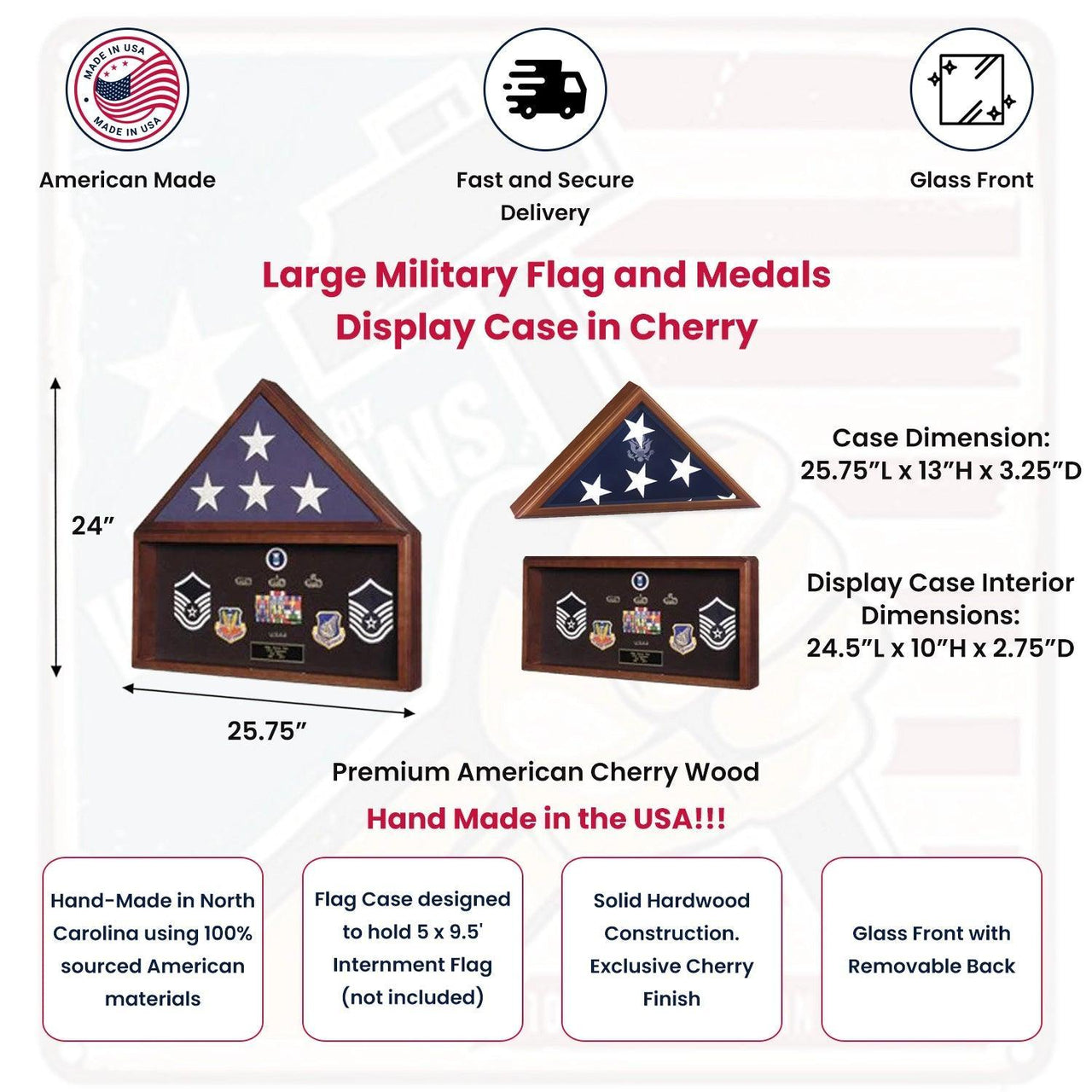 Large Military Flag and Medals Display Case in Cherry
