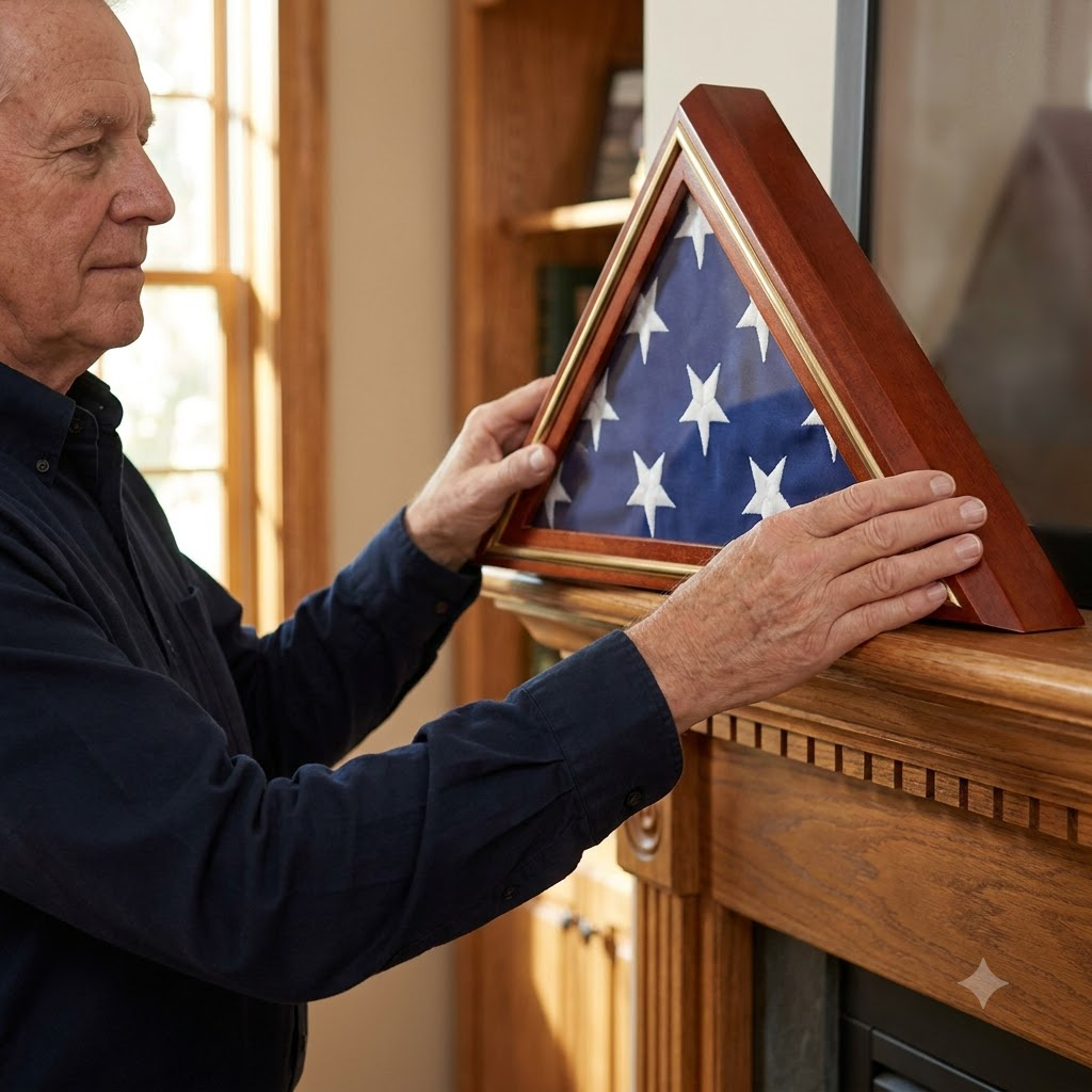 Large Memorial Flag Display Case with Gold Trim