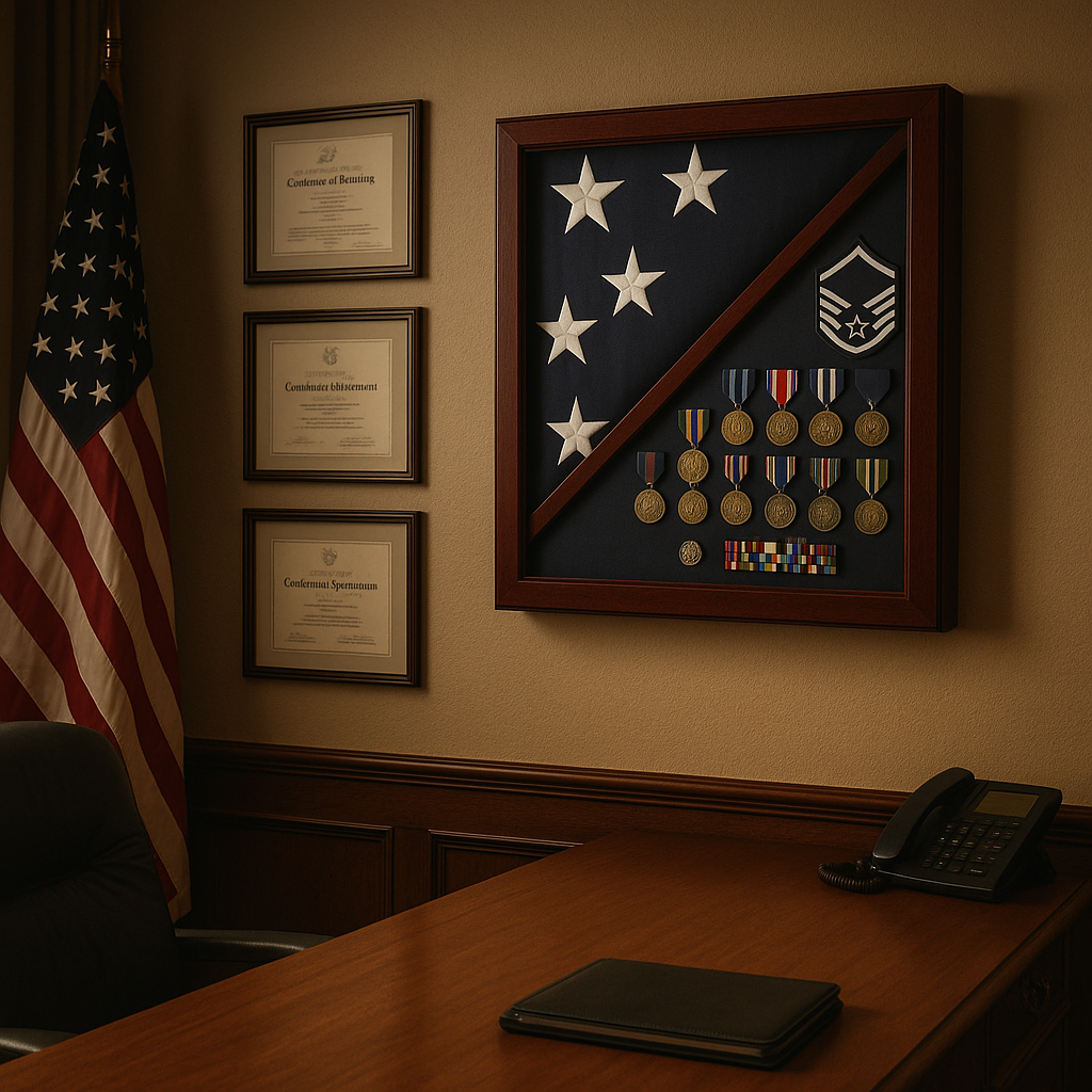 Cherry Flag and Medal Display Case Premium Wood 