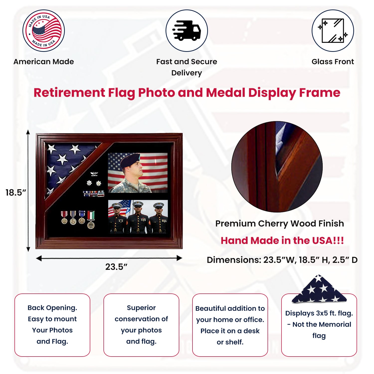 Retirement Flag Photo and Medal Display Frame, Military Retirement Flag Display Case, Flag Medal and Photo Display Case for Veterans, American Flag and Medal Display Case, Veteran Retirement Gift Display Frame, Flag Display Case with Photo and Medals, Military Service Medal and Photo Display Case