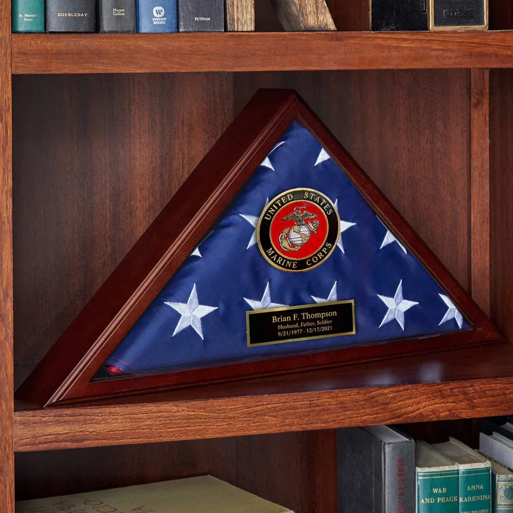 Custom cherry flag case, US Marine Corps flag display case, Marine Corps gift flag box, Veteran flag shadow box, Cherry wood military flag case