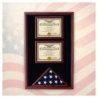 2 certificates flag display case, Flag and certificate display case, Dual certificate flag display box, Military flag and document display case, Veteran flag and certificate shadow box, Wooden flag display case with two certificate holders, Handcrafted military flag and 2 document display box, Flag and dual certificate shadow box for veterans, Elegant flag and document display case made in USA, Presentation flag display case with two certificates