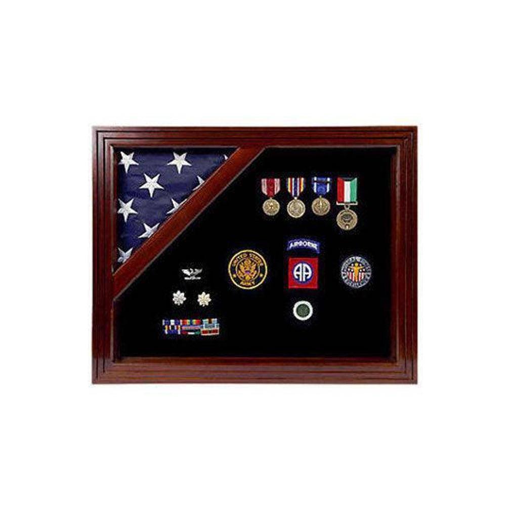 American Corner Flag And Medal Display Case, Cherry Wood Case 