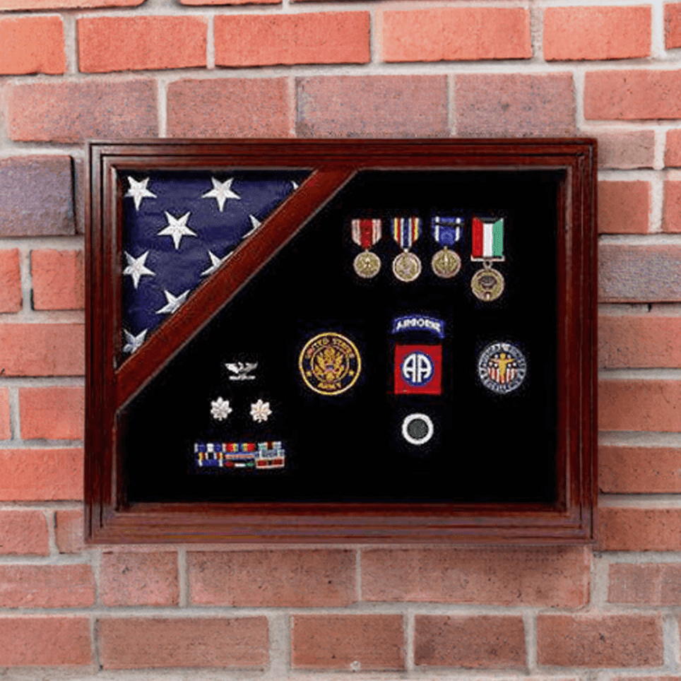 American Corner Flag And Medal Display Case, Cherry Wood Case American Corner Flag And Medal Display Case