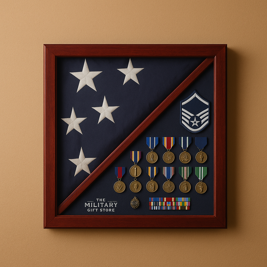 Cherry Flag and Medal Display Case Premium Wood 